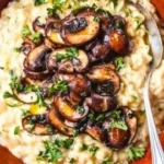 Cremiges veganes Pilzrisotto, perfekt al dente, auf einem Teller serviert