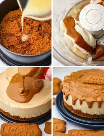 Biscoff Käsekuchen mit Karamell-Schicht auf einem Teller