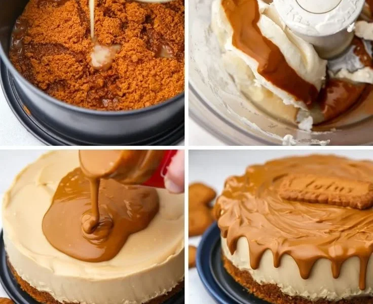 Biscoff Käsekuchen mit Karamell-Schicht auf einem Teller