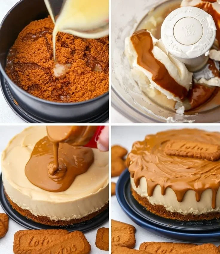 Biscoff Käsekuchen mit Karamell-Schicht auf einem Teller