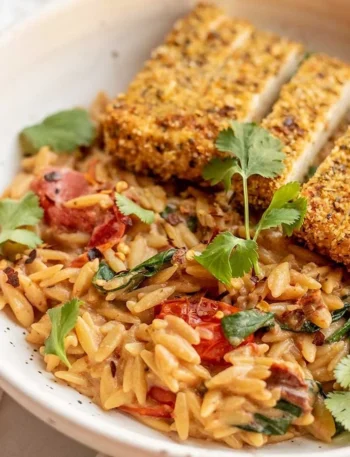 Cremiger Tomaten-Orzo mit knusprigen Tofu-Cutlets auf einem Teller.