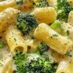 Veganer Brokkoli-Alfredo mit weißen Bohnen auf einem Teller