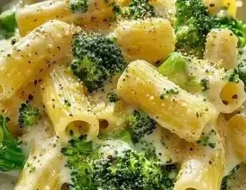 Veganer Brokkoli-Alfredo mit weißen Bohnen auf einem Teller