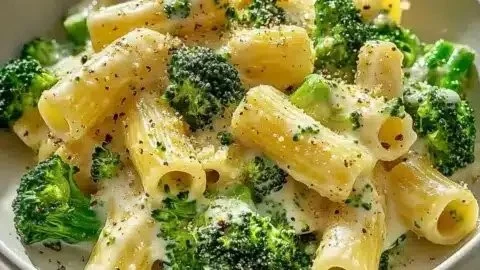 Veganer Brokkoli-Alfredo mit weißen Bohnen auf einem Teller