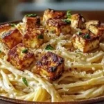 Cremige vegane Carbonara mit Cashew und Tofu auf einem Teller serviert.