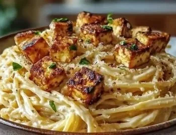 Cremige vegane Carbonara mit Cashew und Tofu auf einem Teller serviert.