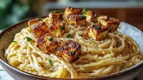 Cremige vegane Carbonara mit Cashew und Tofu auf einem Teller serviert.