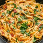 Cremige vegane Pasta mit getrockneten Tomaten auf einem Teller angerichtet.