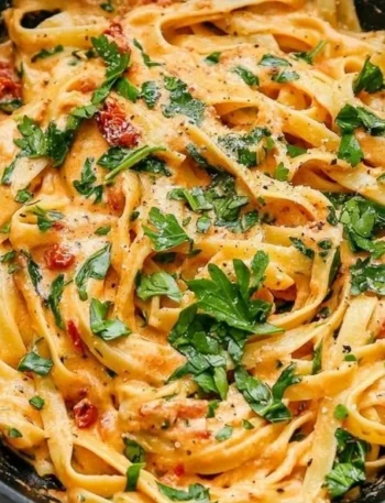Cremige vegane Pasta mit getrockneten Tomaten auf einem Teller angerichtet.