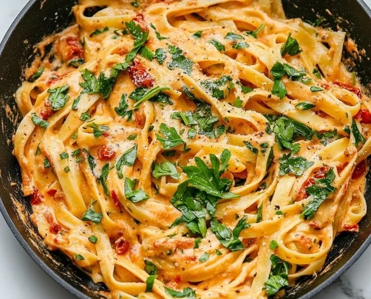 Cremige vegane Pasta mit getrockneten Tomaten auf einem Teller angerichtet.