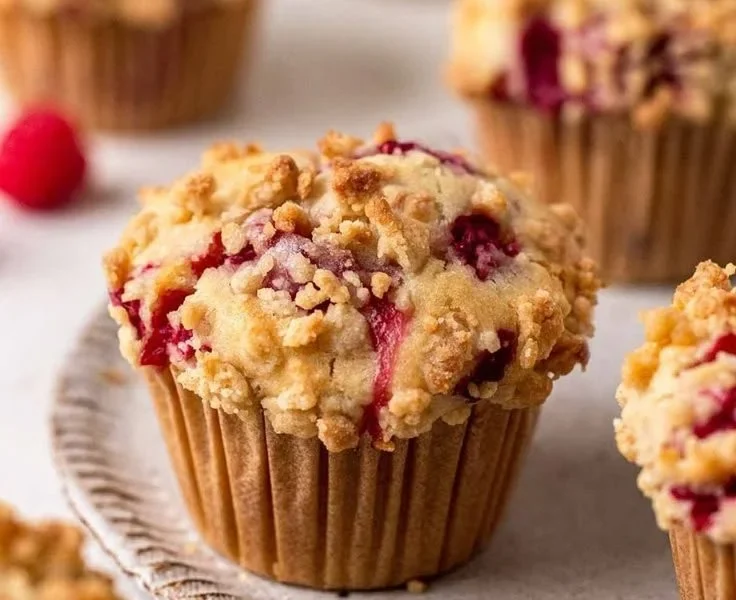 Einfache vegane Himbeermuffins auf einem Teller, frisch gebacken und serviert.