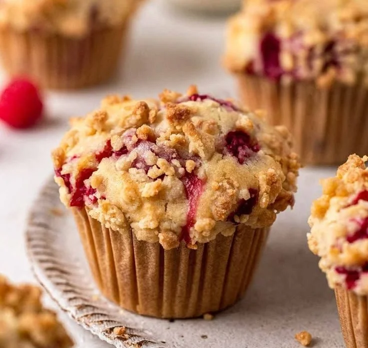Einfache vegane Himbeermuffins auf einem Teller, frisch gebacken und serviert.