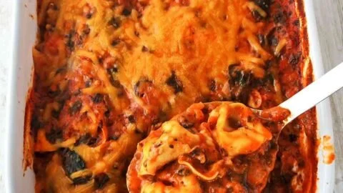 Einfacher veganer Tortellini Auflauf mit Spinat und Tomatensoße auf einem Teller
