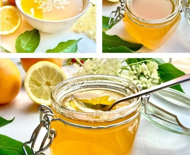 Hausgemachtes Holunderblütengelee mit frisch gepresstem Orangensaft