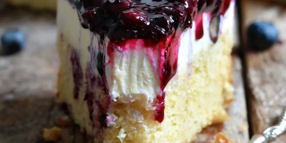 Vegane Cheesecake mit Zitrone und Heidelbeeren auf einem Dessertteller
