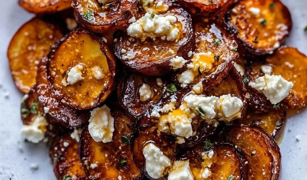Gebratene Süßkartoffelscheiben mit Honig und Feta auf einem Teller