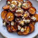 Gebratene Süßkartoffelscheiben mit Honig und Feta auf einem Teller