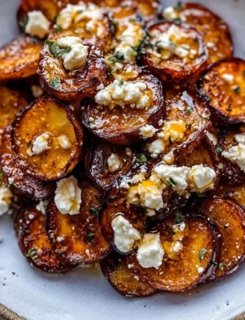 Gebratene Süßkartoffelscheiben mit Honig und Feta auf einem Teller