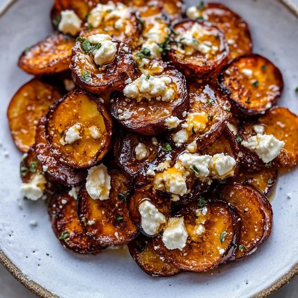 Gebratene Süßkartoffelscheiben mit Honig und Feta auf einem Teller