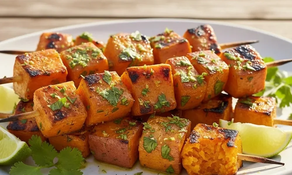 Gegrillte Süßkartoffel-Spieße mit Limetten-Koriander-Marinade auf dem Grill.