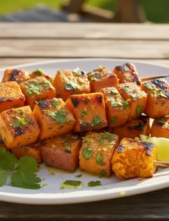 Gegrillte Süßkartoffel-Spieße mit Limetten-Koriander-Marinade auf dem Grill.