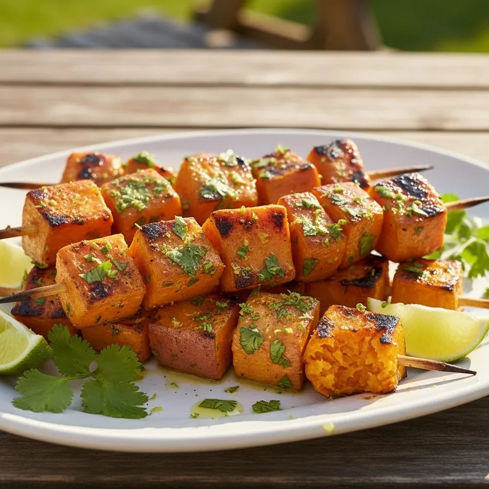 Gegrillte Süßkartoffel-Spieße mit Limetten-Koriander-Marinade auf dem Grill.