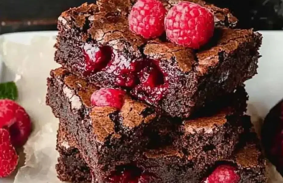 Himbeer-Brownies in einer Schüssel, mit frischen Himbeeren und Schokolade garniert.