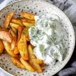 Kartoffelspalten mit Gurkendip auf einem Teller serviert