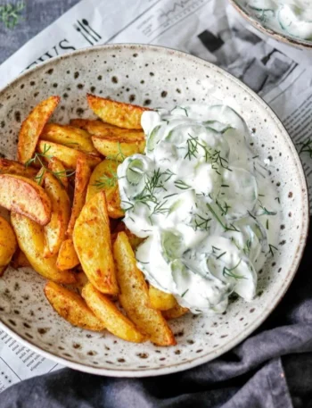 Kartoffelspalten mit Gurkendip auf einem Teller serviert