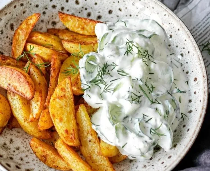Kartoffelspalten mit Gurkendip auf einem Teller serviert
