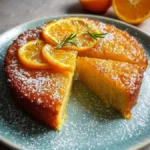 Klebriger veganer Orangenkuchen auf einem Teller garniert mit Orangenscheiben