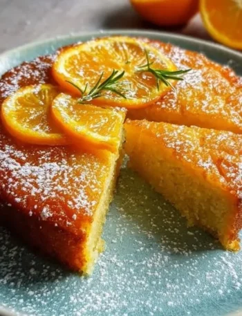 Klebriger veganer Orangenkuchen auf einem Teller garniert mit Orangenscheiben