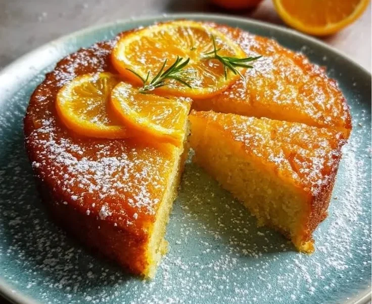 Klebriger veganer Orangenkuchen auf einem Teller garniert mit Orangenscheiben