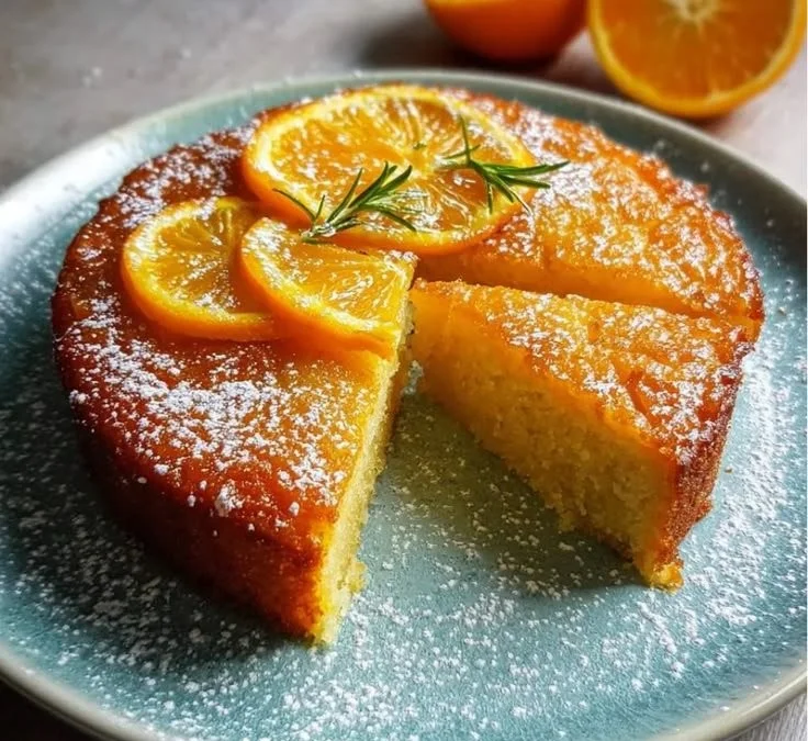Klebriger veganer Orangenkuchen auf einem Teller garniert mit Orangenscheiben