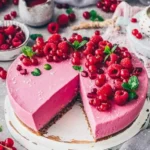 No Bake Himbeer-Käsekuchen auf einem Teller mit frischen Himbeeren