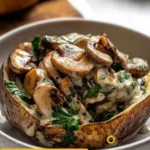 Ofenkartoffeln mit Pilz-Spinat-Füllung auf einem Teller angerichtet