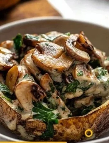 Ofenkartoffeln mit Pilz-Spinat-Füllung auf einem Teller angerichtet