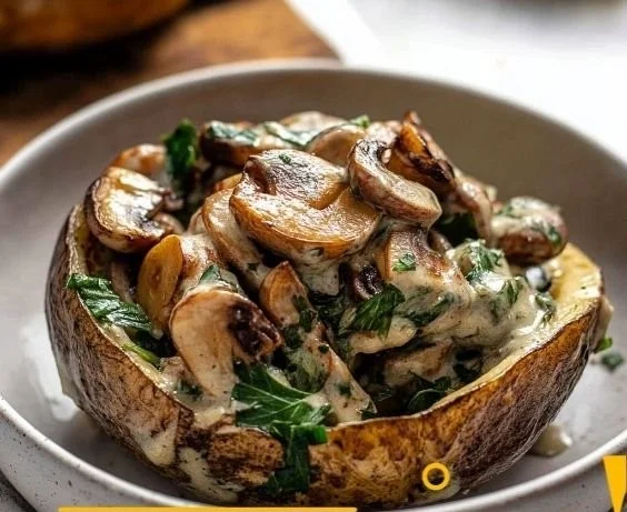 Ofenkartoffeln mit Pilz-Spinat-Füllung auf einem Teller angerichtet