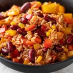 One Pot Reis mit Paprika, Bohnen und Mais in einer bunten Pfanne zubereitet
