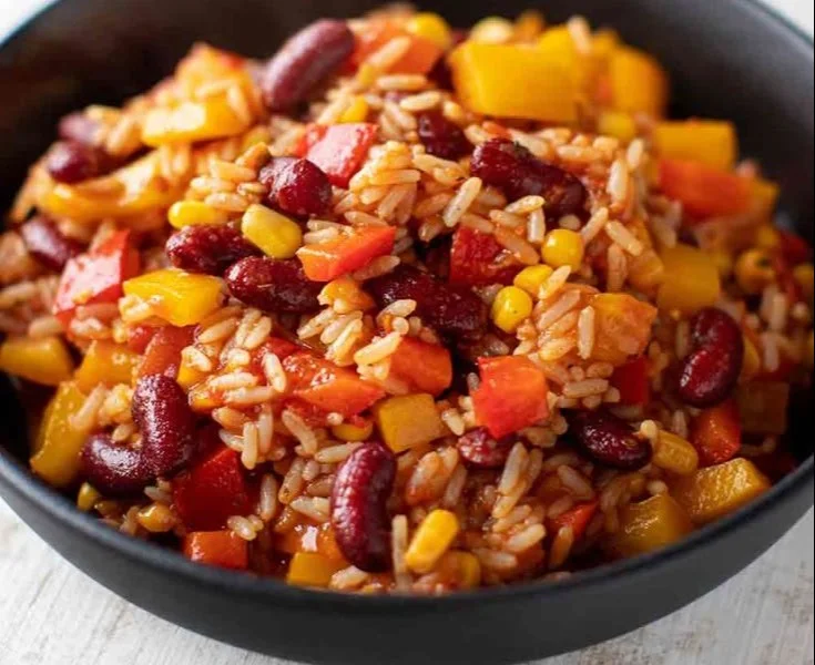 One Pot Reis mit Paprika, Bohnen und Mais in einer bunten Pfanne zubereitet