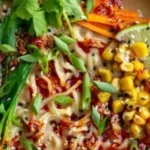 Schale mit Peanut Butter Miso Ramen, garniert mit frischem Gemüse und Kräutern.