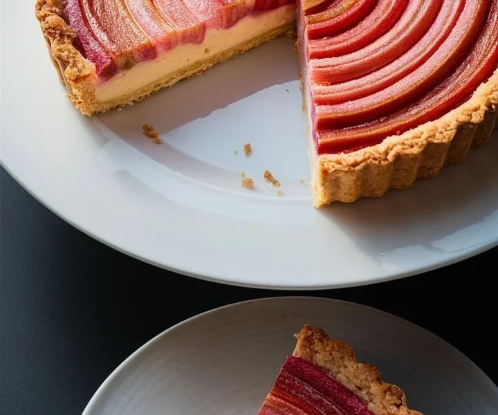 Ein köstliches, einfaches Rhabarber-Dessert auf einem Teller serviert