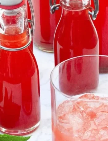 Hausgemachter Rhabarbersirup in einer Glasflasche