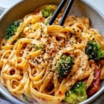 Schnelle, süß-scharfe vegane Tahini-Nudeln mit frischen Zutaten.