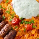 Tomaten Kritharaki Gericht mit frischen Zutaten zubereitet