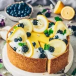 Veganes Zitronen-Cheesecake auf einem Teller mit frischen Zitronenscheiben