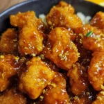 Veganes Orange Chicken mit Tofu auf einem Teller serviert