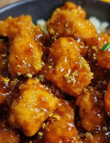 Veganes Orange Chicken mit Tofu auf einem Teller serviert