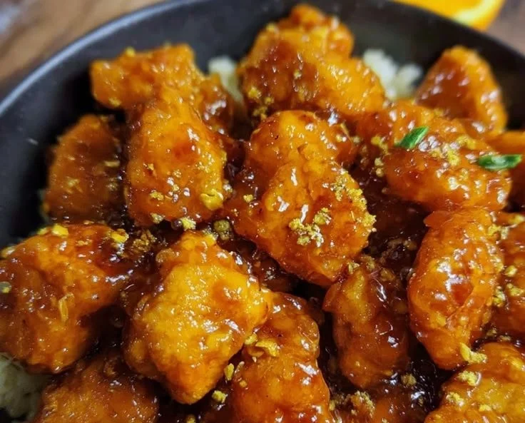 Veganes Orange Chicken mit Tofu auf einem Teller serviert