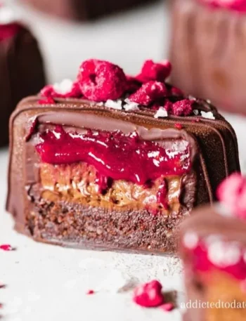 Vegane Himbeer-Mocha-Mousse-Brownies auf einem Teller serviert